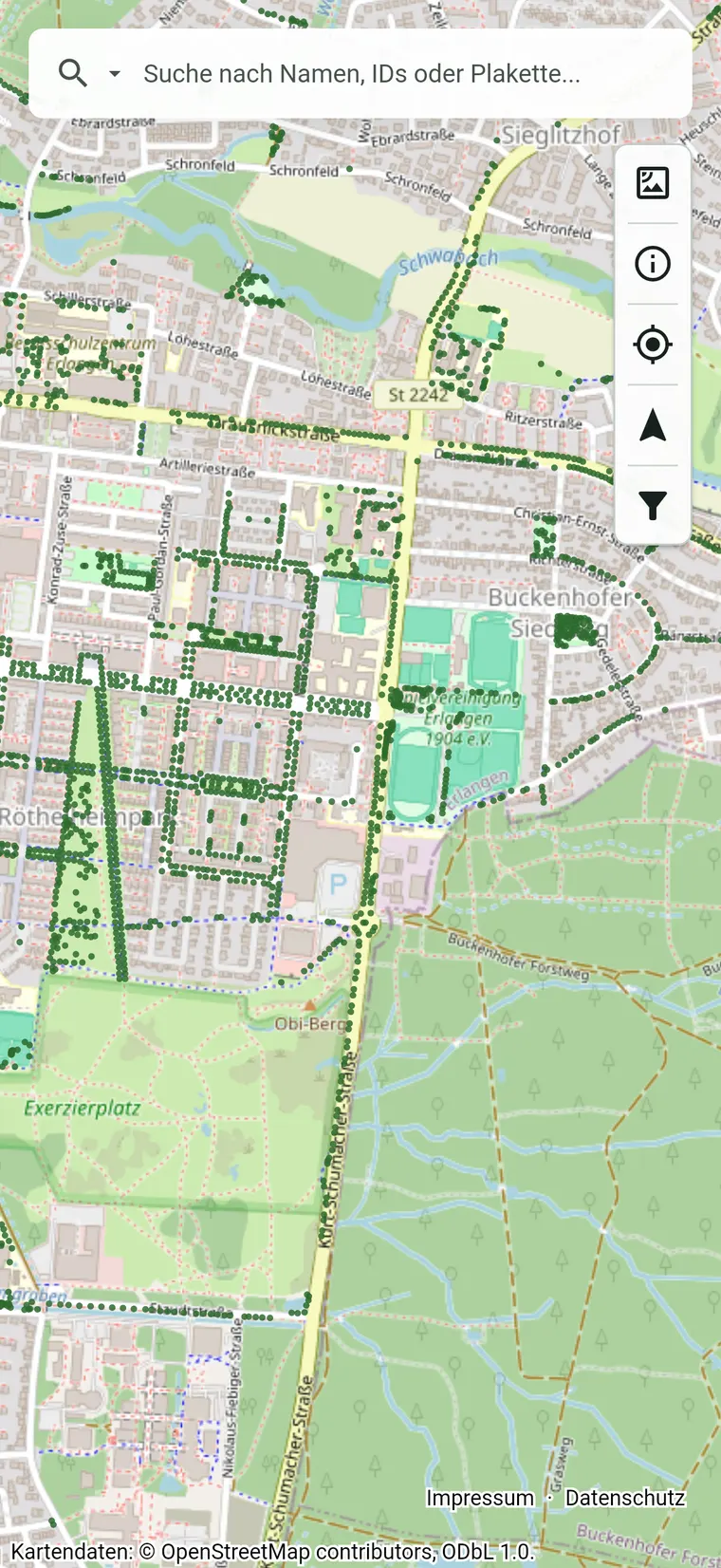 Baumkarte Erlangen in der Kartenansicht mit markierten Baumstandorten